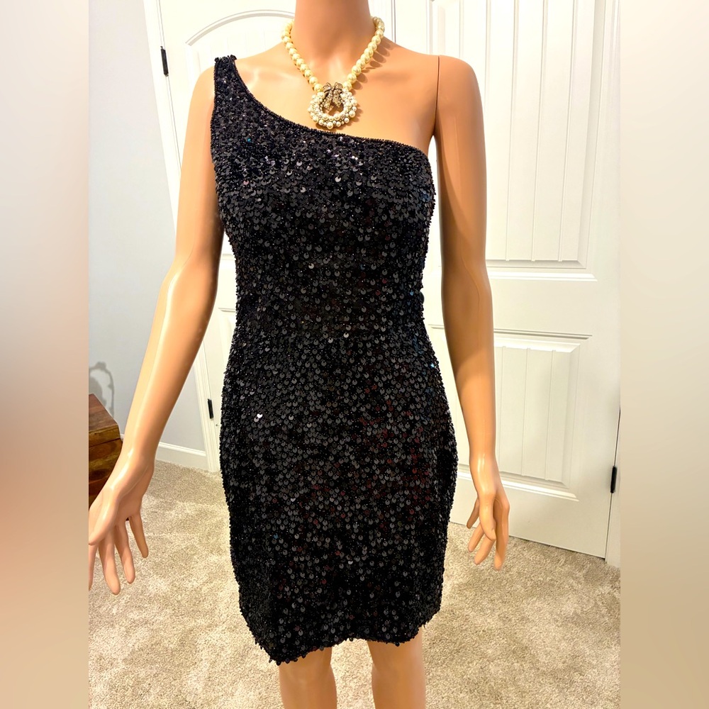 Elegant Black Sequin One-Shoulder Dress by GB, Junior size 9.